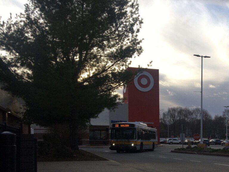 MBTA route 132 bus at Redstone Plaza, April 2021